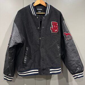 Joe Boxer Jacket Mens Large Black Wool Leather Varsity Bomber Dog 85 Patch